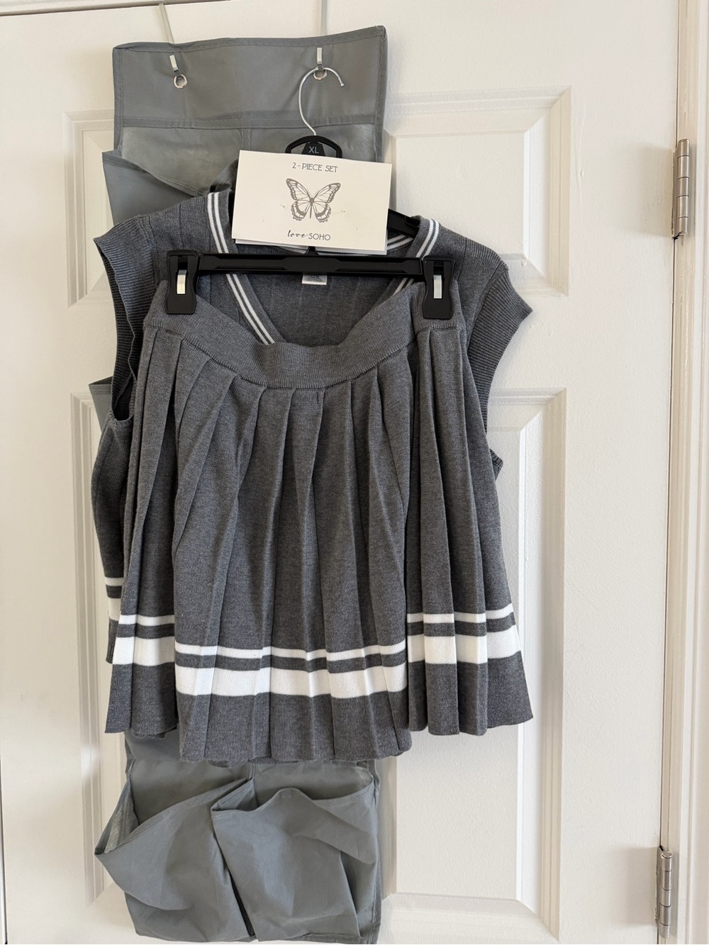 Soho Gray Pleated Skirt & Knit Vest Set with White Stripes